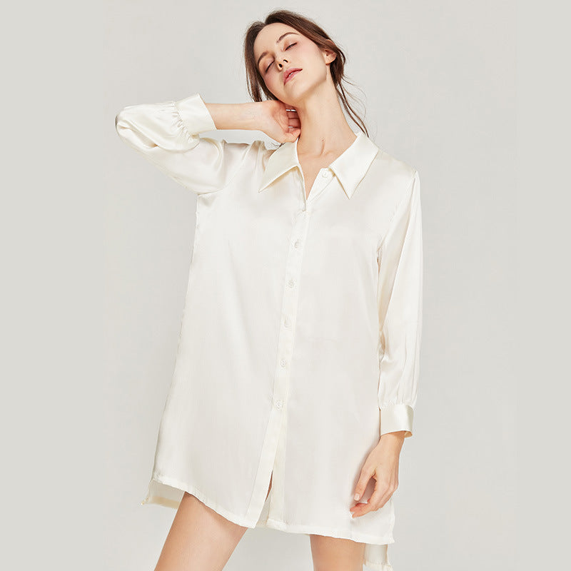 100% Mulberry Silk Solid color Long Sleeve Shirt Dress