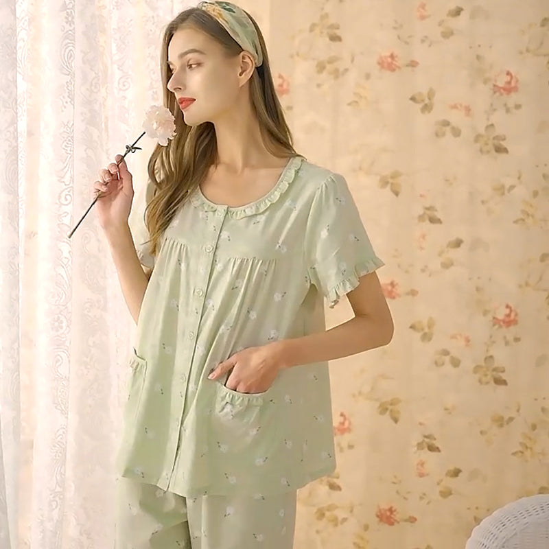 Green Women's Casual Lace Collar Pajamas