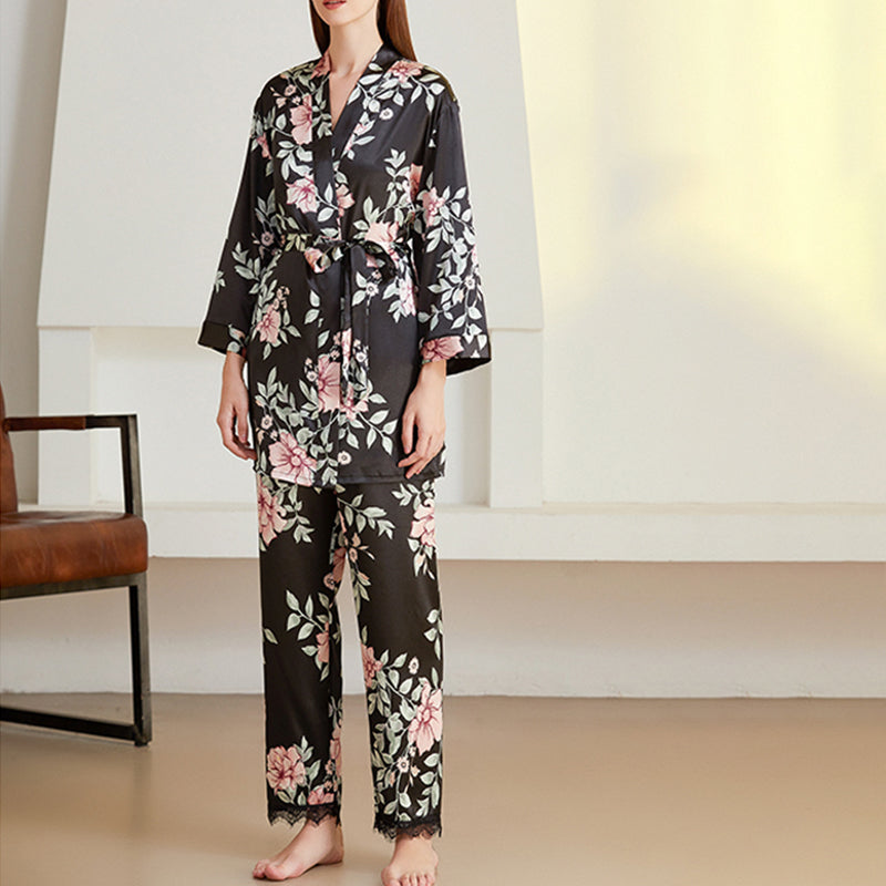 Black Floral Printed Pajama Set