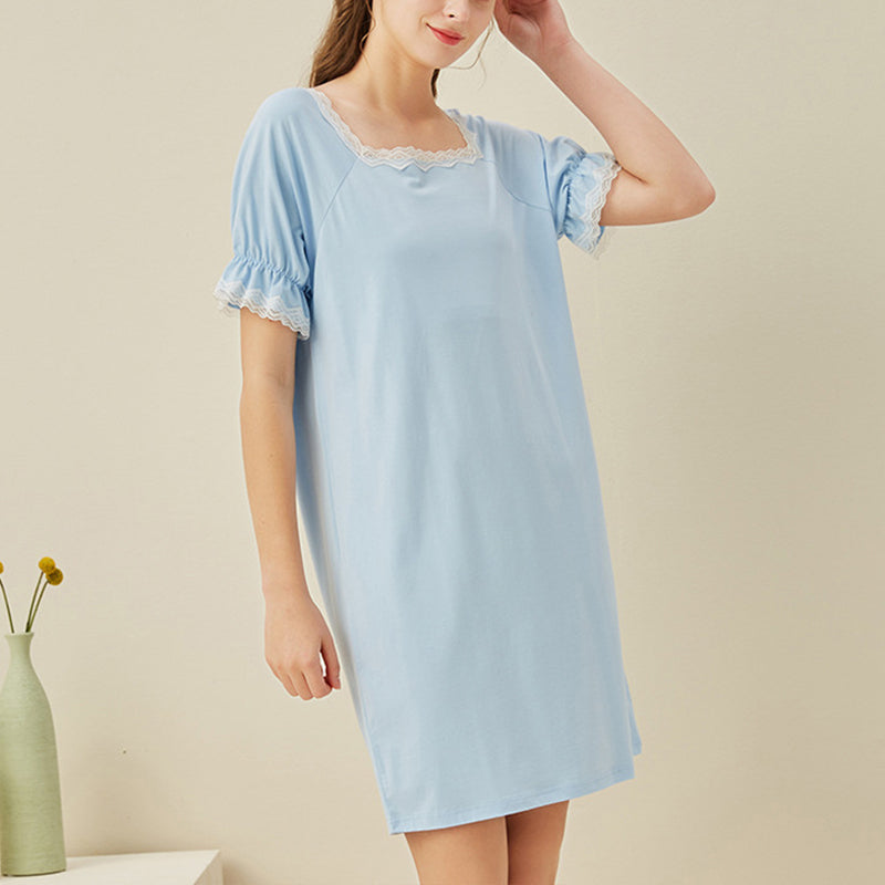 Blue Square Neck Short Sleeves Sleepdress