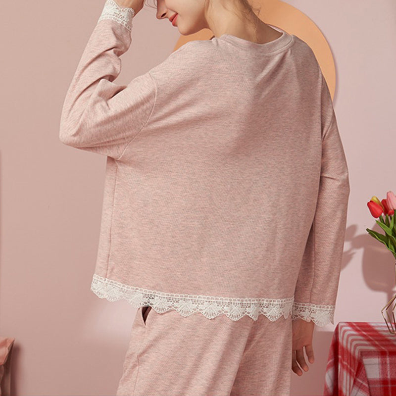 Pink Round Neck Pajama Set with Lace Trim