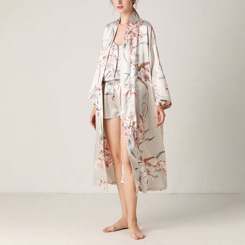 Gray Floral Printed Robe Set