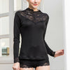 Black Stand Collar Silk Shirt with Lace Detail