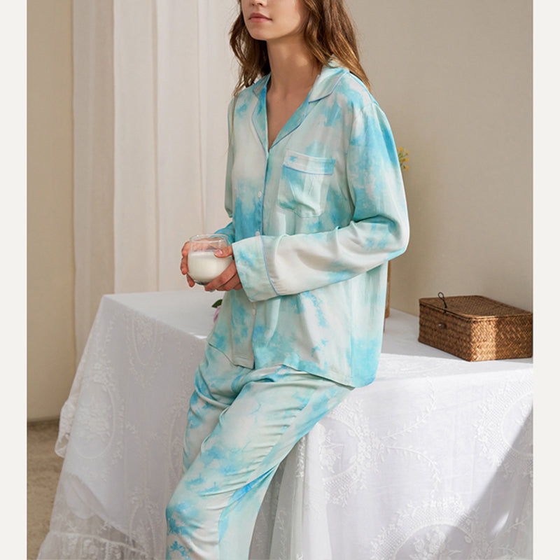 Blue Tie-dye Print Pajama Set