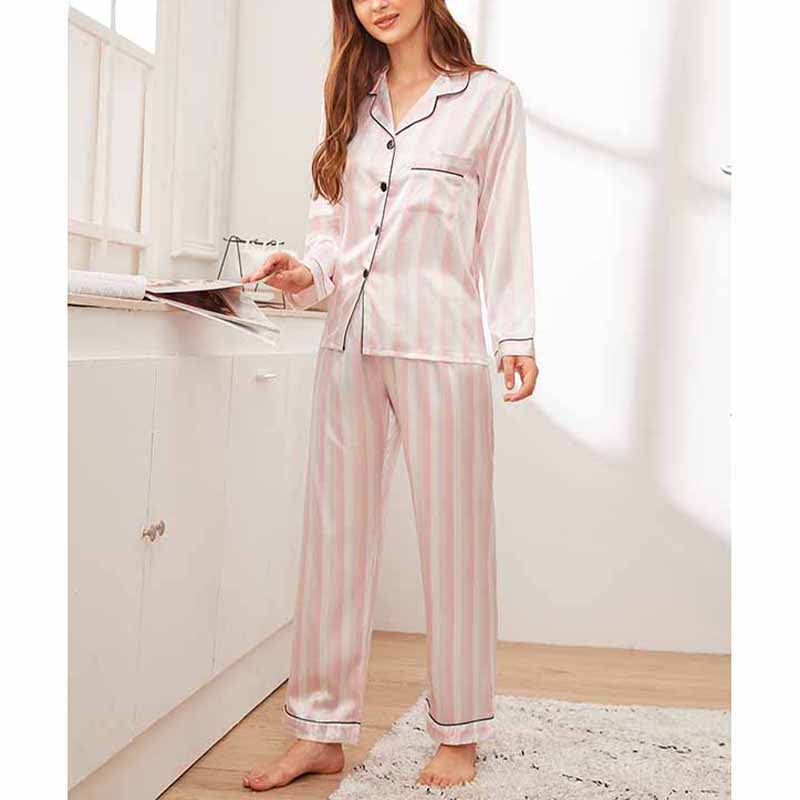 Pink Wide Stripe Satin Pajama Set