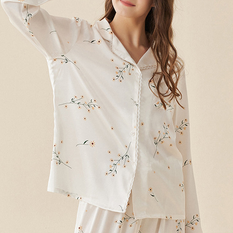 Flowers Printed Lace Trimmed Pajama Set