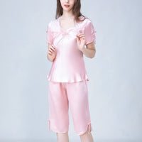 Square Neck Silk Pajamas with Sher Lace Detail