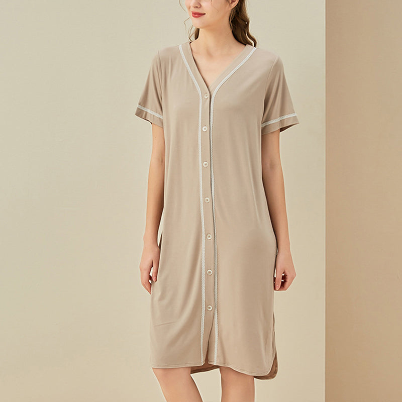 V-neck Front Button Short Sleeved Sleepdress