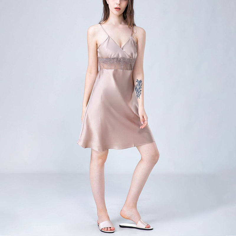 Eyelash Lace Panel Silk Cami Sleep Dress