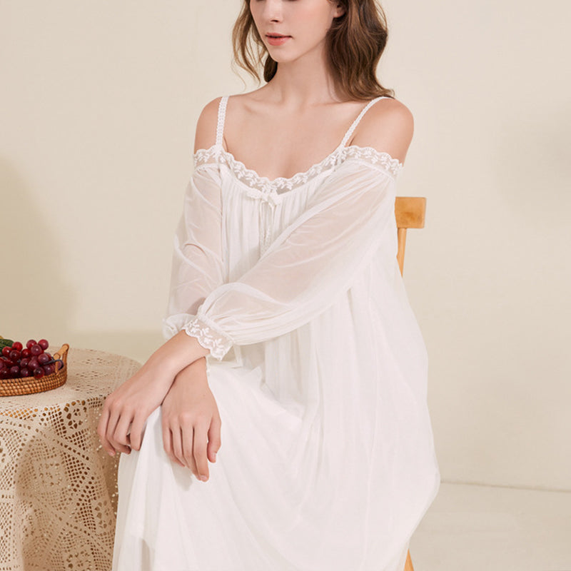 White Off-the-shouler Mesh Long Sleeves Nightgown