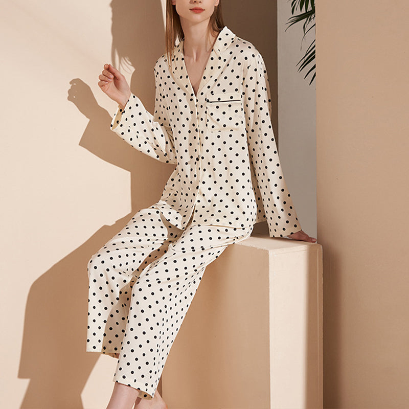 Apricot Polka Dots Print Long Sleeved Pajama Set