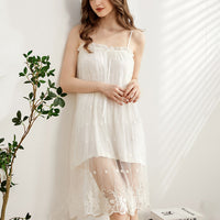 White Floral Embroidered Mesh Nightdress