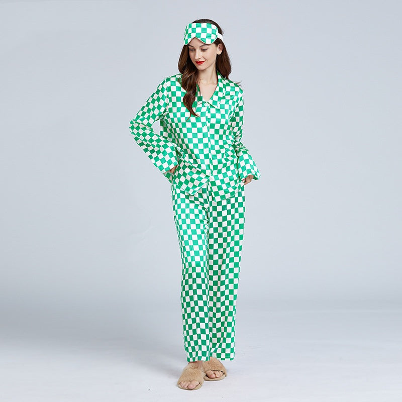 19 Momme Mulberry Silk Checkerboard Print Long Sleeve Trousers Pajamas Set