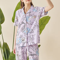 Flowers Printed Trimmed Short Sleeved Pajama Set