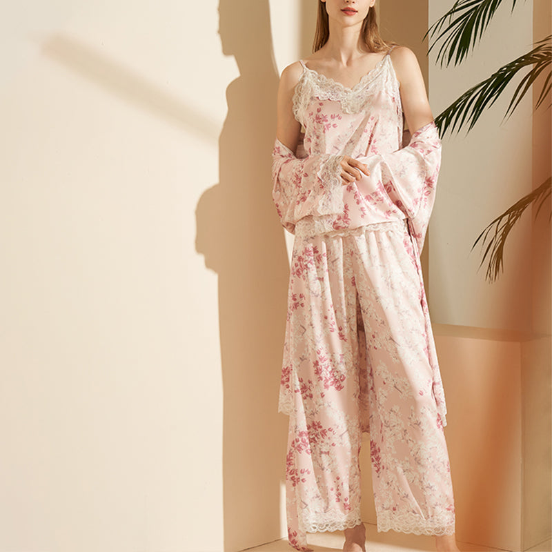 Pink Floral Printed Robe Set with Lace Detail