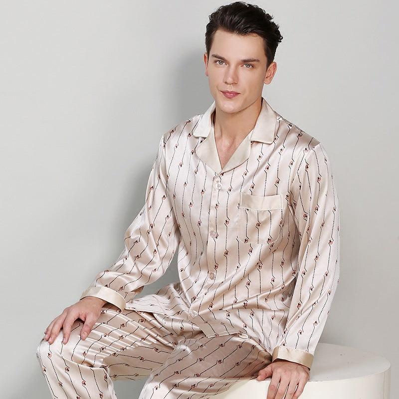 Mulberry Silk Printed Men's Long Sleeve Trousers Pajamas Set