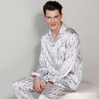 Mulberry Silk Printed Men's Long Sleeve Trousers Pajamas Set