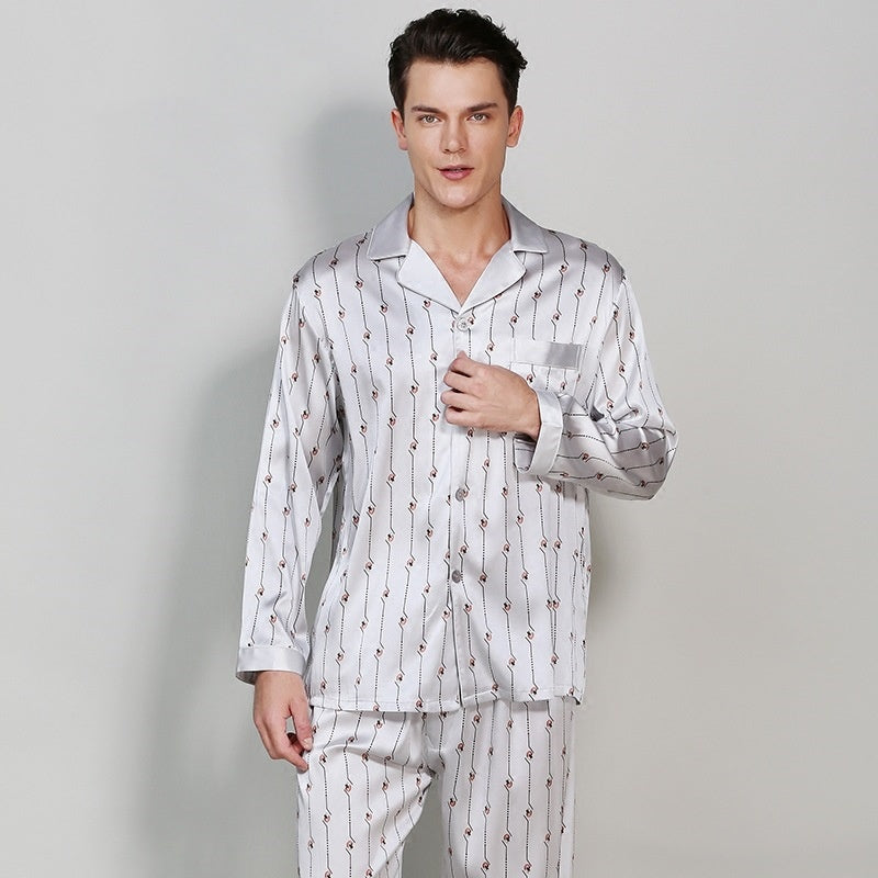 Mulberry Silk Printed Men's Long Sleeve Trousers Pajamas Set