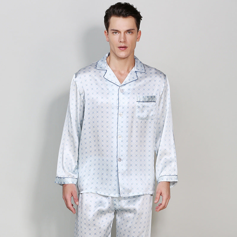 16 Momme 100% Mulberry Silk Men's Printed Long Sleeve Pajamas Set