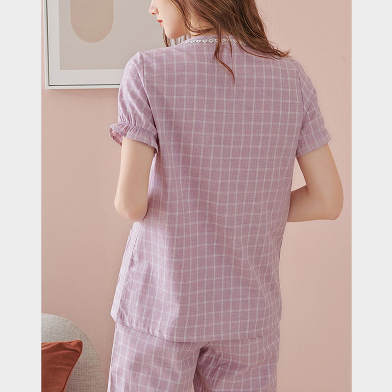 Purple Round Neck Check Print Pajama Set