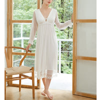 White V Neck Mesh Long Sleeves Nightgown