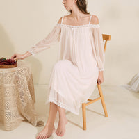 White Off-the-shouler Mesh Long Sleeves Nightgown