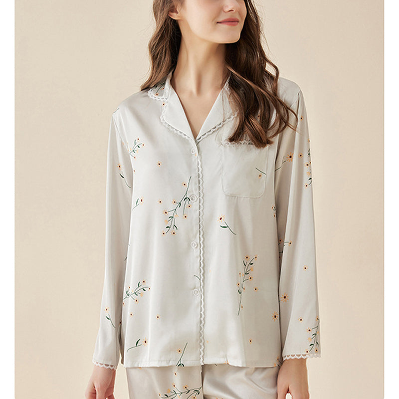 Flowers Printed Lace Trimmed Pajama Set