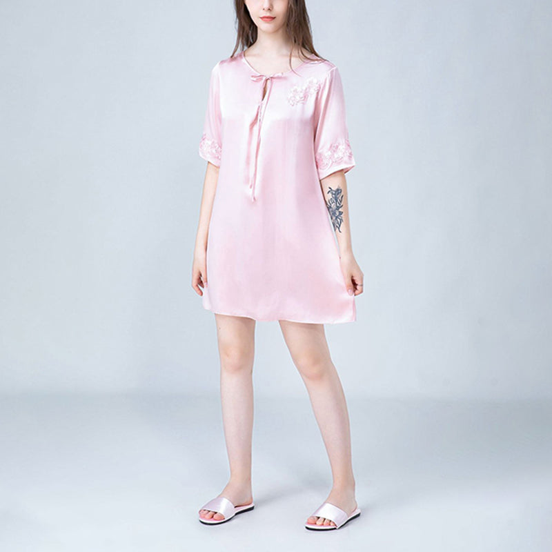 Stitch Embroidery Half Sleeves Silk Nightdress