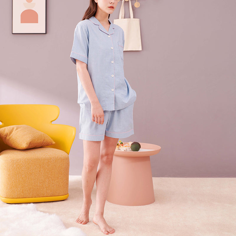 Blue Trimmed Short Pajama Set