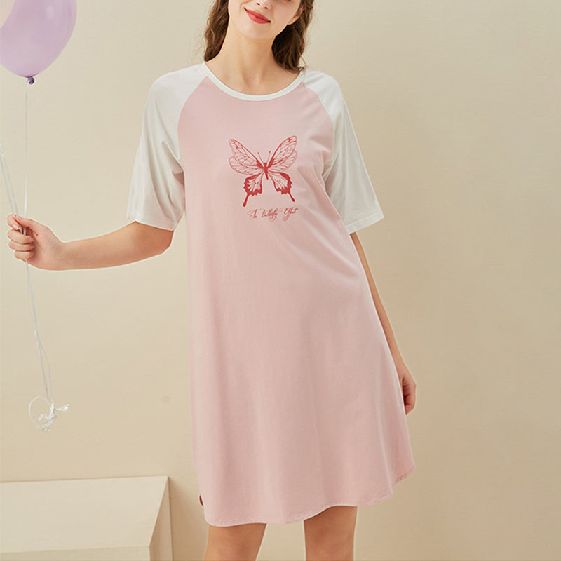 Pink Butterfly Printed Short Sleeves Sleepdress