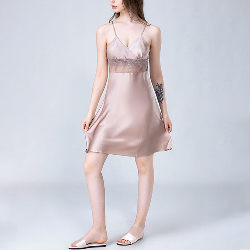 Eyelash Lace Panel Silk Cami Sleep Dress