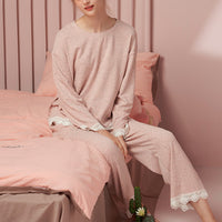 Pink Round Neck Pajama Set with Lace Trim