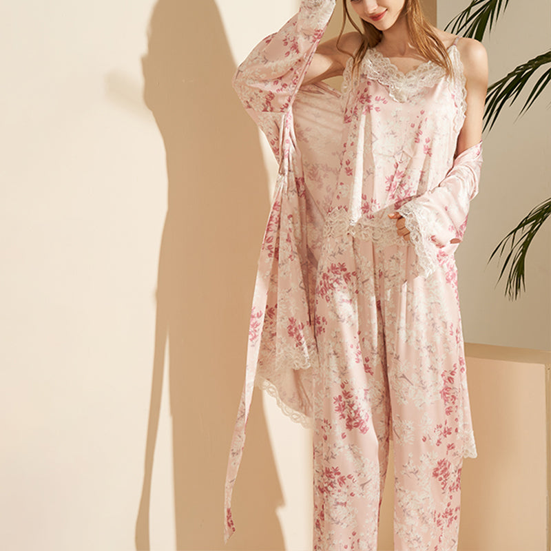 Pink Floral Printed Robe Set with Lace Detail