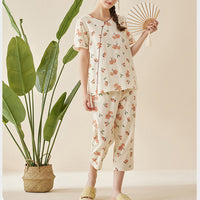 Floral Print Cotton Short Sleeved Pajama Set