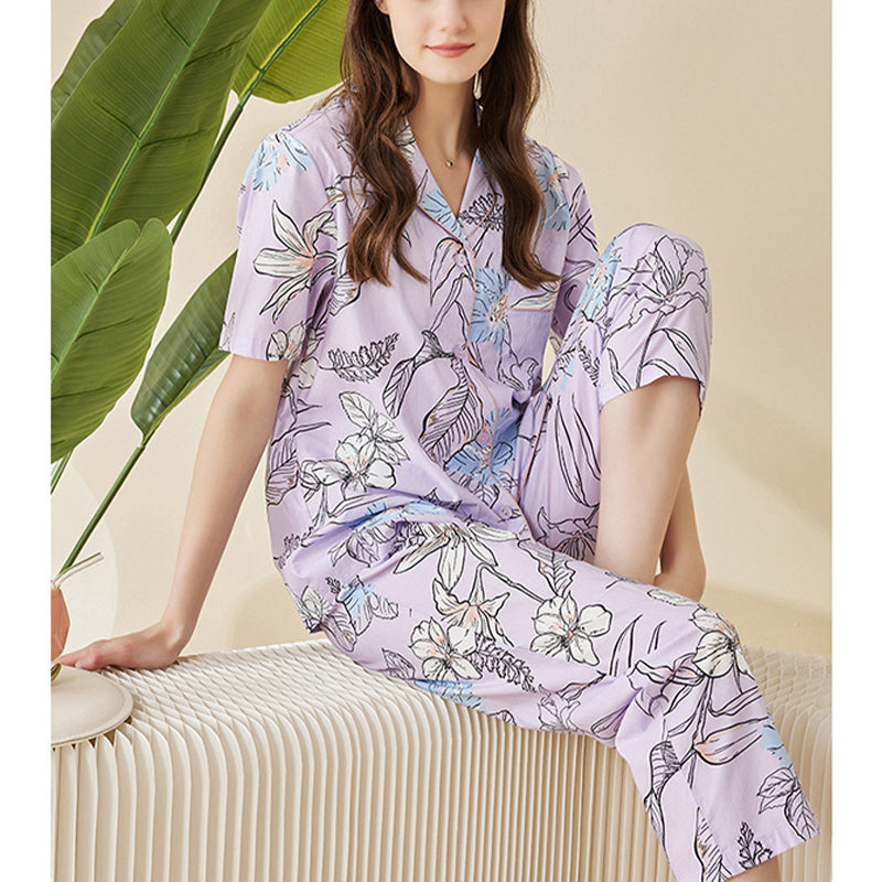 Flowers Printed Trimmed Short Sleeved Pajama Set