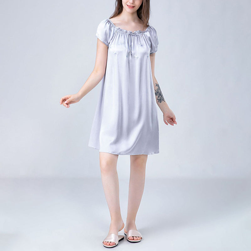 Flower Embroidered Tie Collar Silk Nightdress