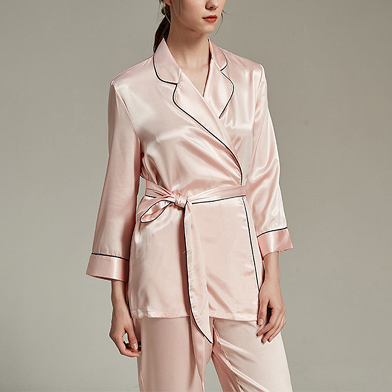 Pink Trimmed Notched Collar Pajama Set