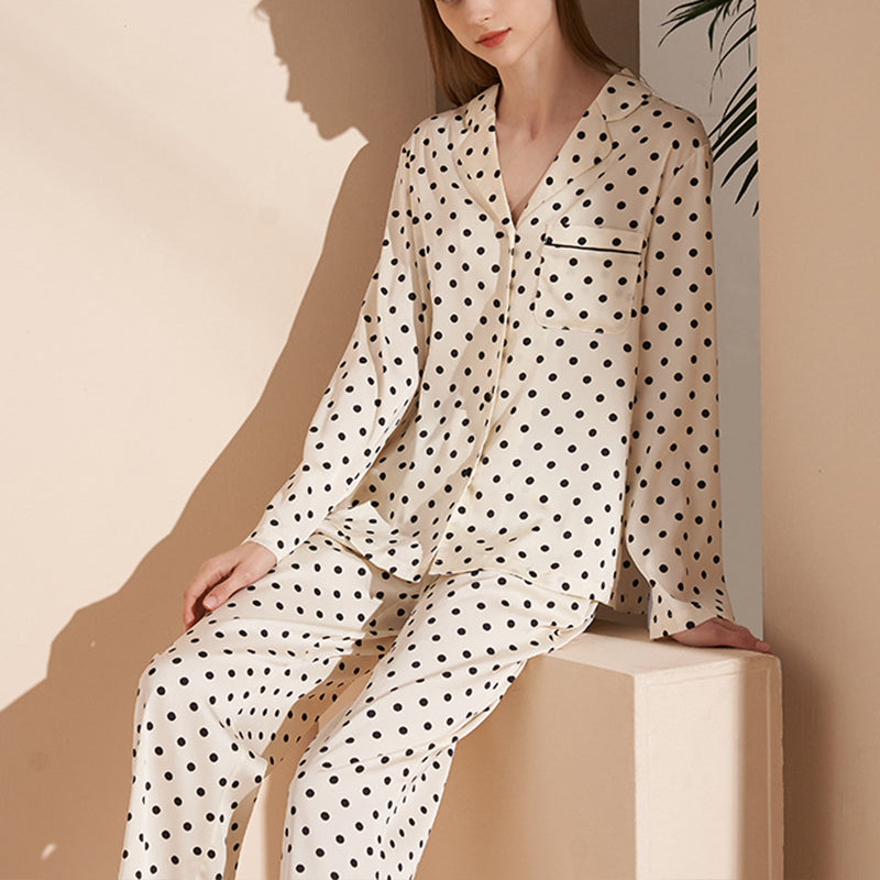 Apricot Polka Dots Print Long Sleeved Pajama Set