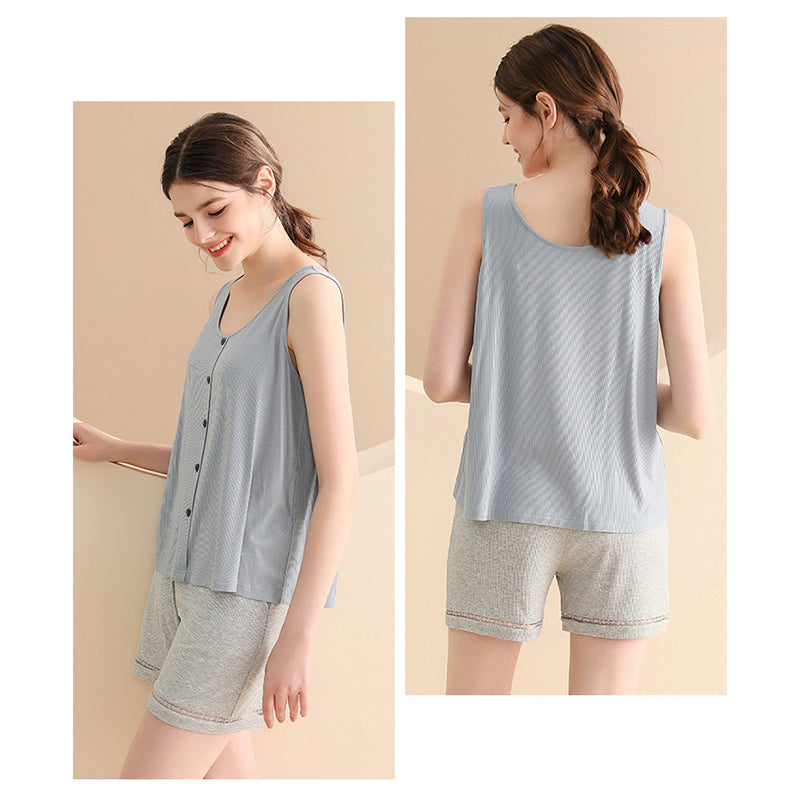 Light Blue Round Neck Vest Pajama Set