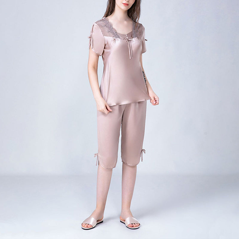 Square Neck Silk Pajamas with Sher Lace Detail