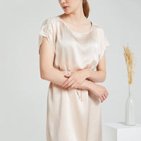 Apricot Round Neck Silk Nightdress with Lace Detail