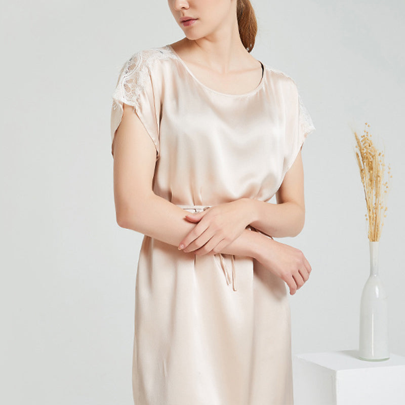 Apricot Round Neck Silk Nightdress with Lace Detail