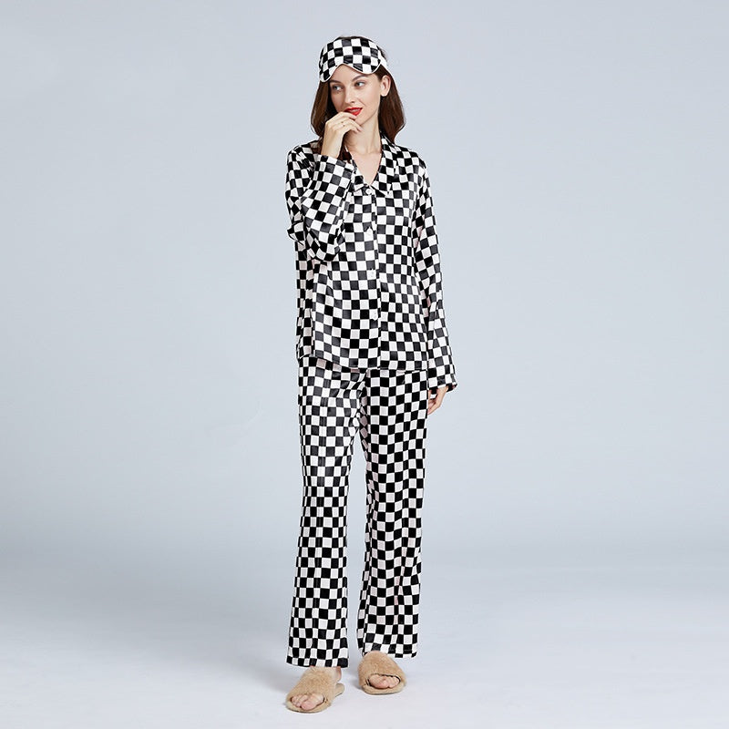 19 Momme Mulberry Silk Checkerboard Print Long Sleeve Trousers Pajamas Set