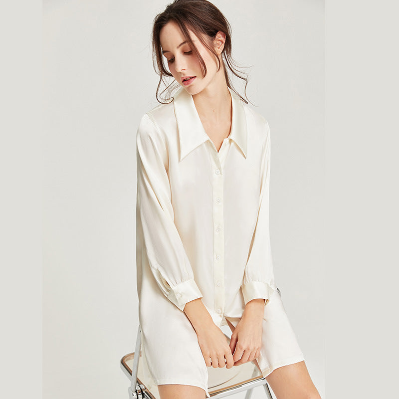 100% Mulberry Silk Solid color Long Sleeve Shirt Dress