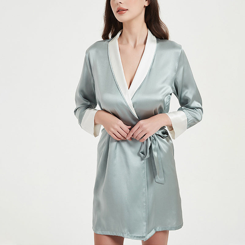 Color Block Tie Waist Silk Robe