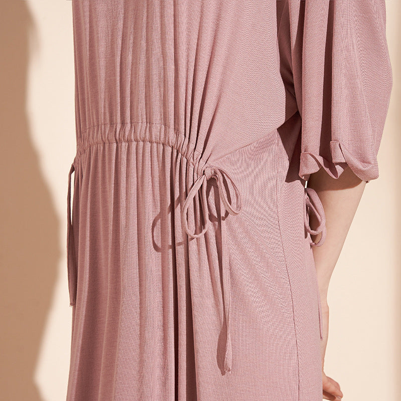 Pink Round Neck Tie Waist Sleepdress