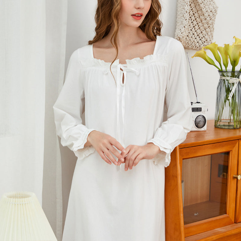 White Square Neck Long Sleeves Cotton Nightdress