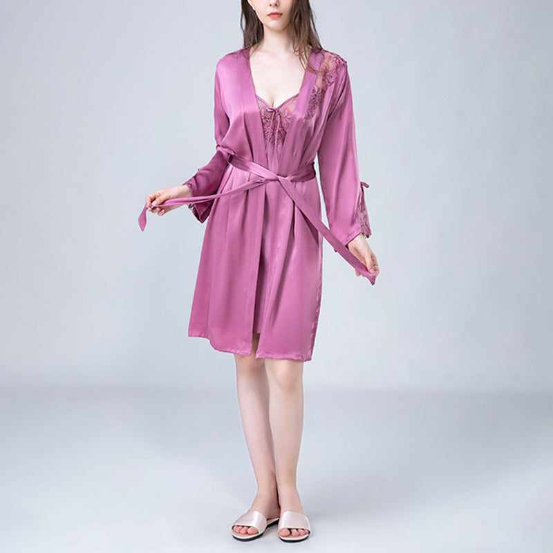 Floral Hollow Out Lace Nightdress and Robe Set