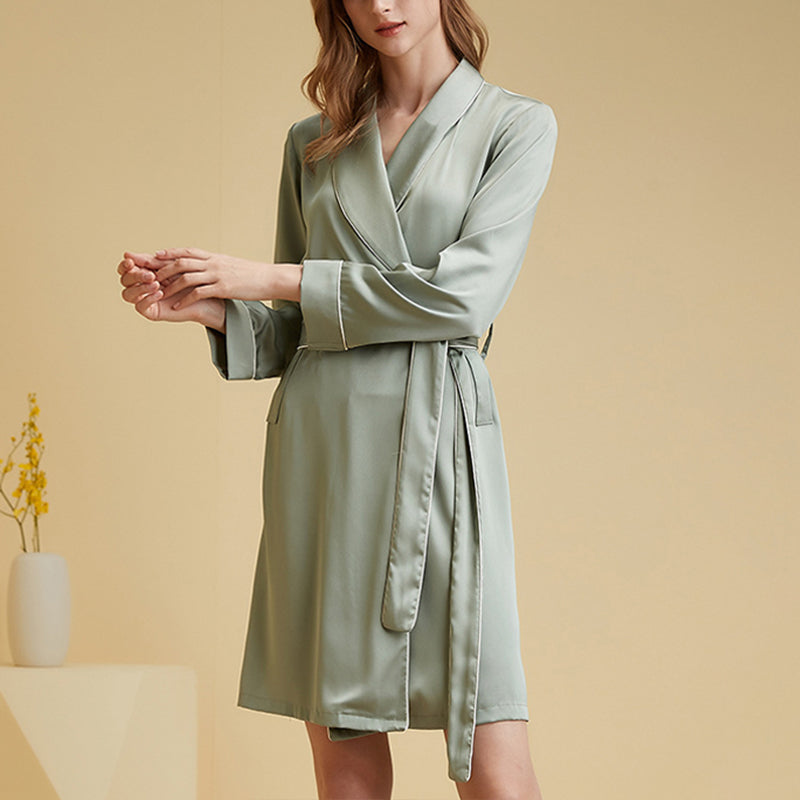 Shawl Collar Trimmed Satin Robe with Tie Wasit