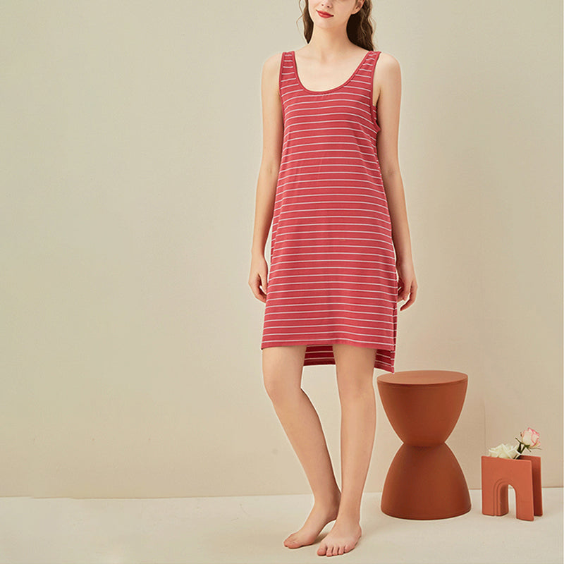 Striped Round Neck Sleeveless Sleepdress